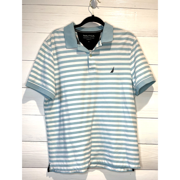 Nautica Classic Fit Striped Performance Deck Polo Color Light Blue White Size L - Picture 1 of 3